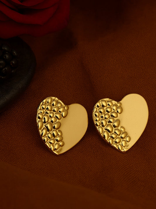 Two-Tone Gold Heart Stud Earrings – Smooth & Textured Design - Dissara