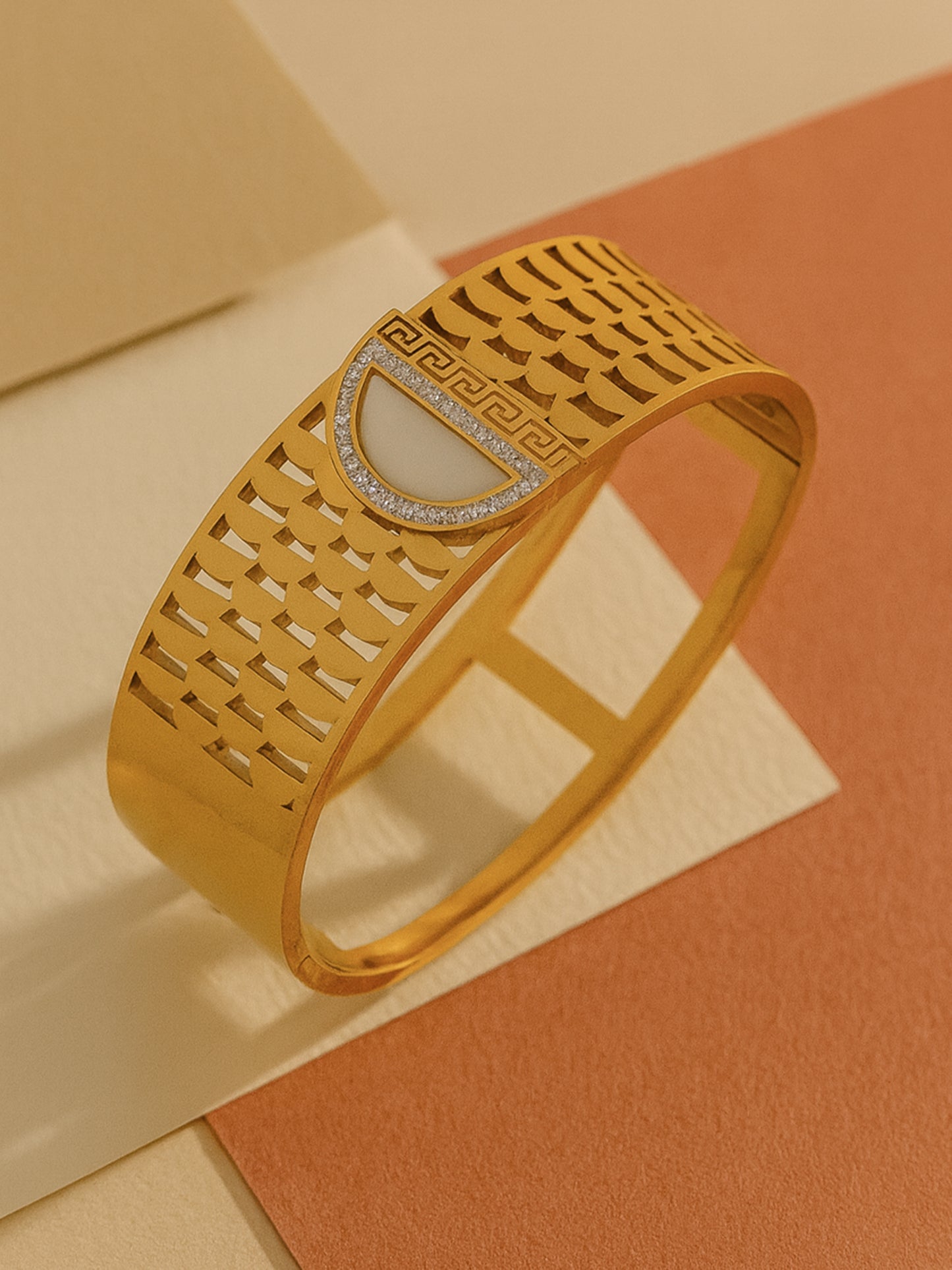 Luxury Gold Cut-Out Bangle with Half-Moon Stone – Free Size