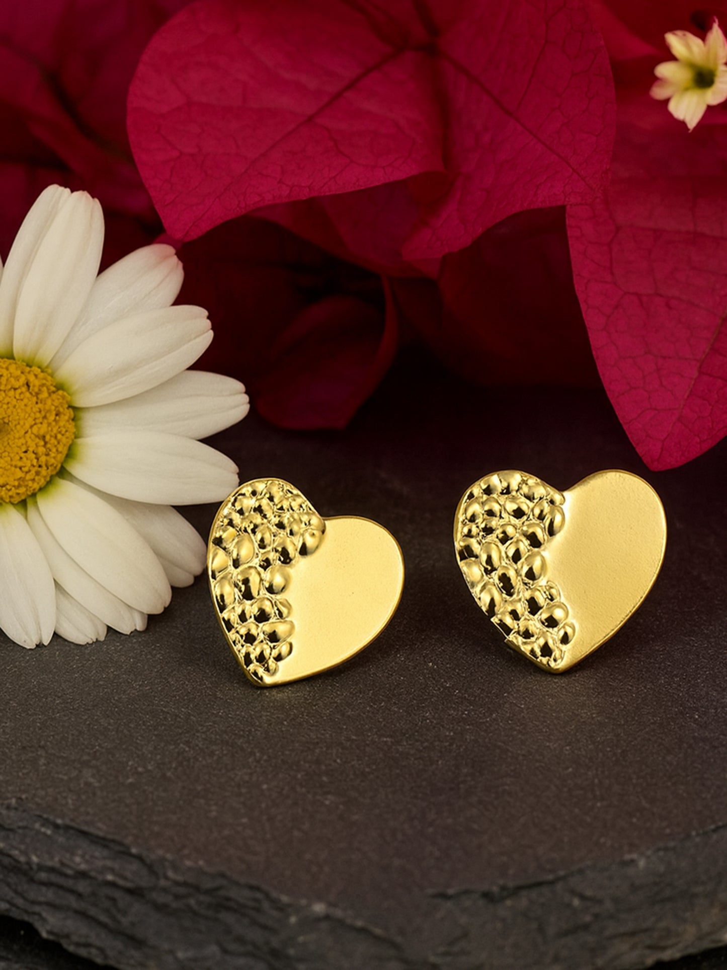 Two-Tone Gold Heart Stud Earrings – Smooth & Textured Design