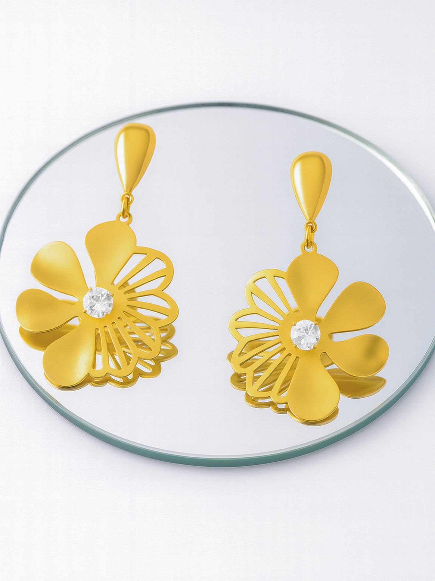 Luxury Gold Floral Drop Earrings with Crystal Shine – Elegant Statement Jewelry