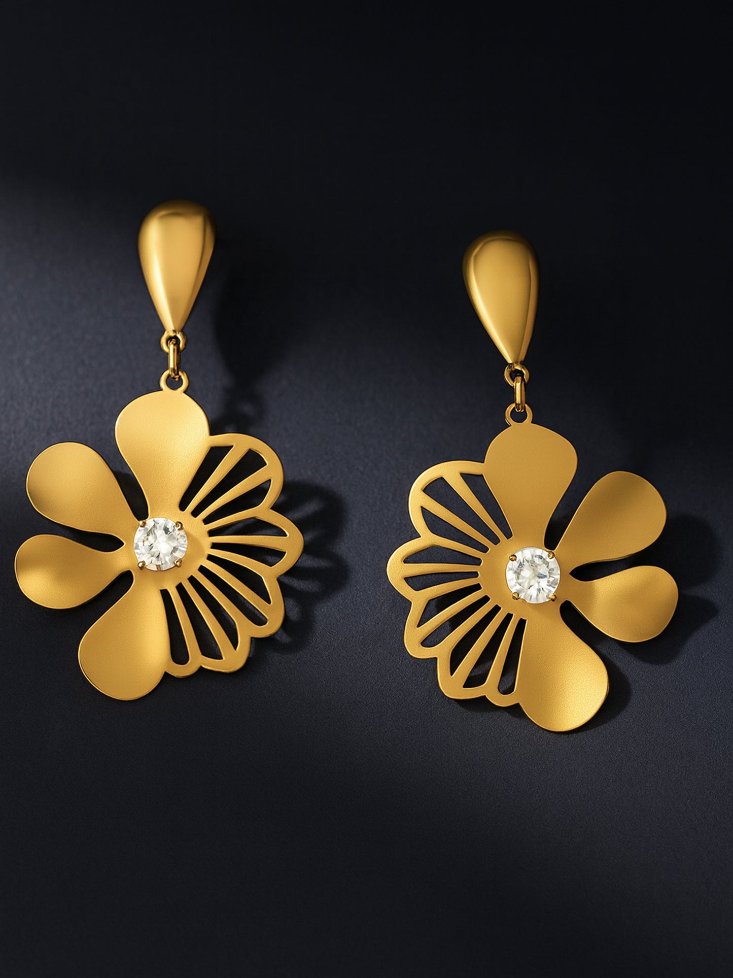 Luxury Gold Floral Drop Earrings with Crystal Shine – Elegant Statement Jewelry