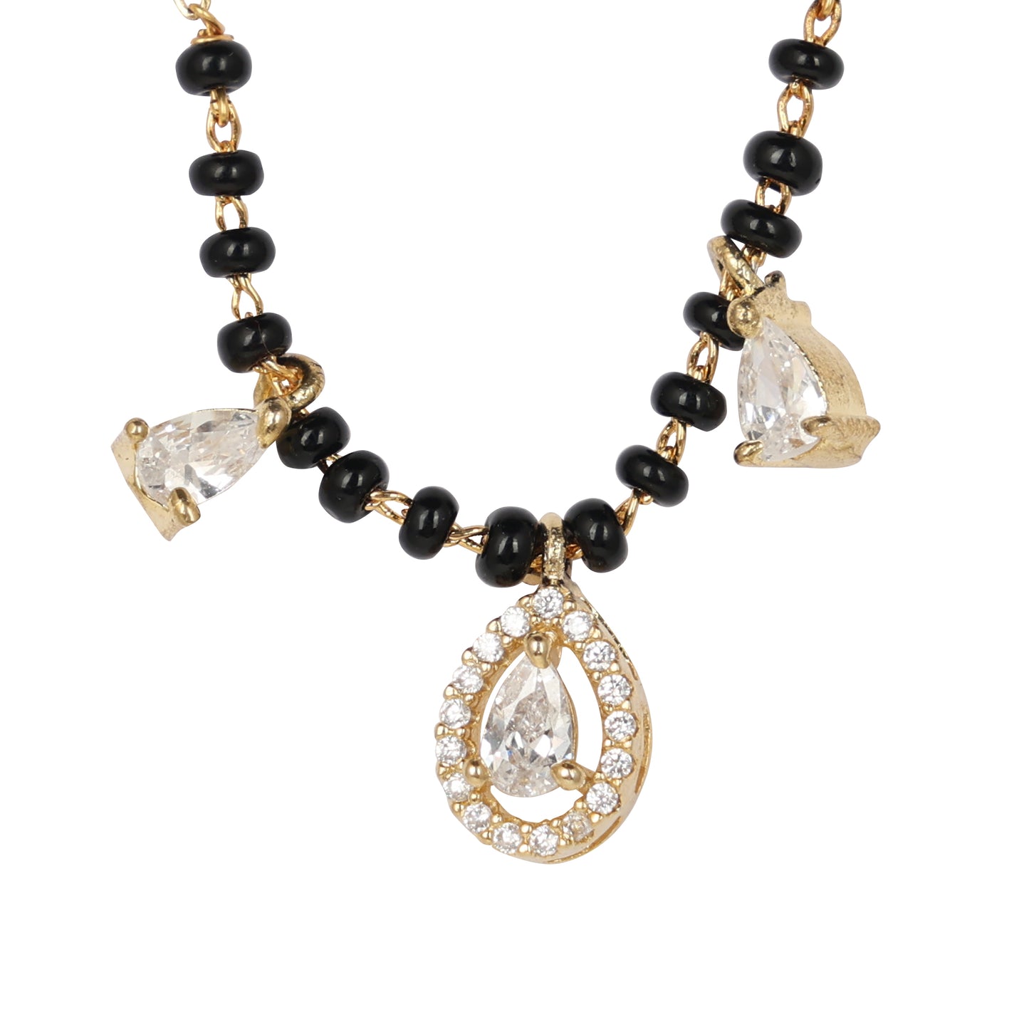 Graceful Black Bead Gold-Plated Teardrop Mangalsutra Necklace with Sparkling Crystal Pendant