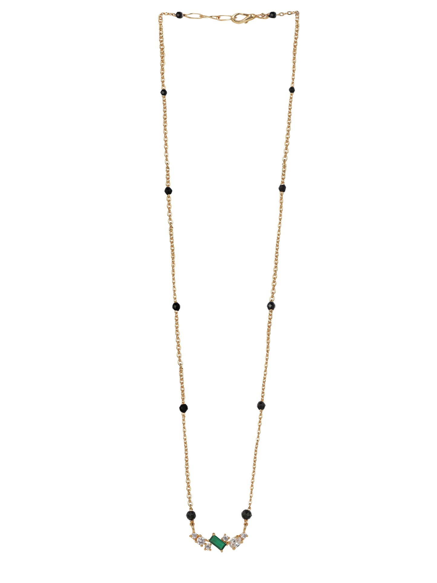 Minimal Black Bead Gold-Plated Mangalsutra with Green Stone & Crystal Accents