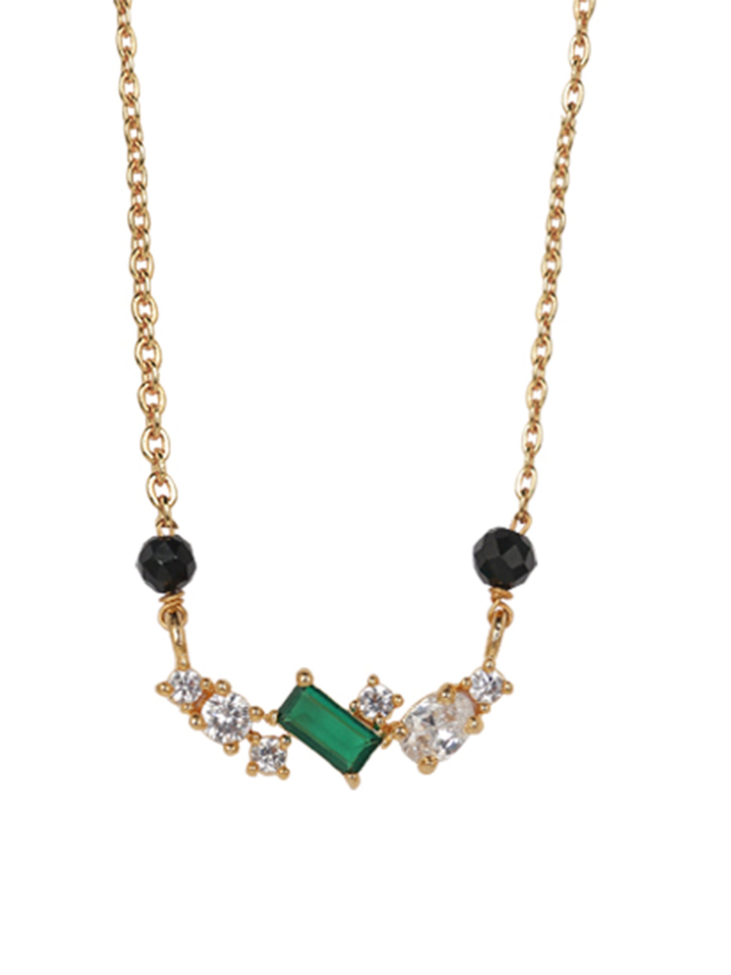 Minimal Black Bead Gold-Plated Mangalsutra with Green Stone & Crystal Accents