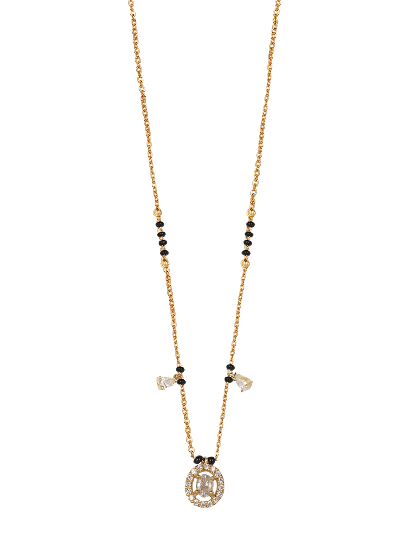 Elegant Black Bead Gold-Plated Mangalsutra Necklace with Oval Crystal Pendant