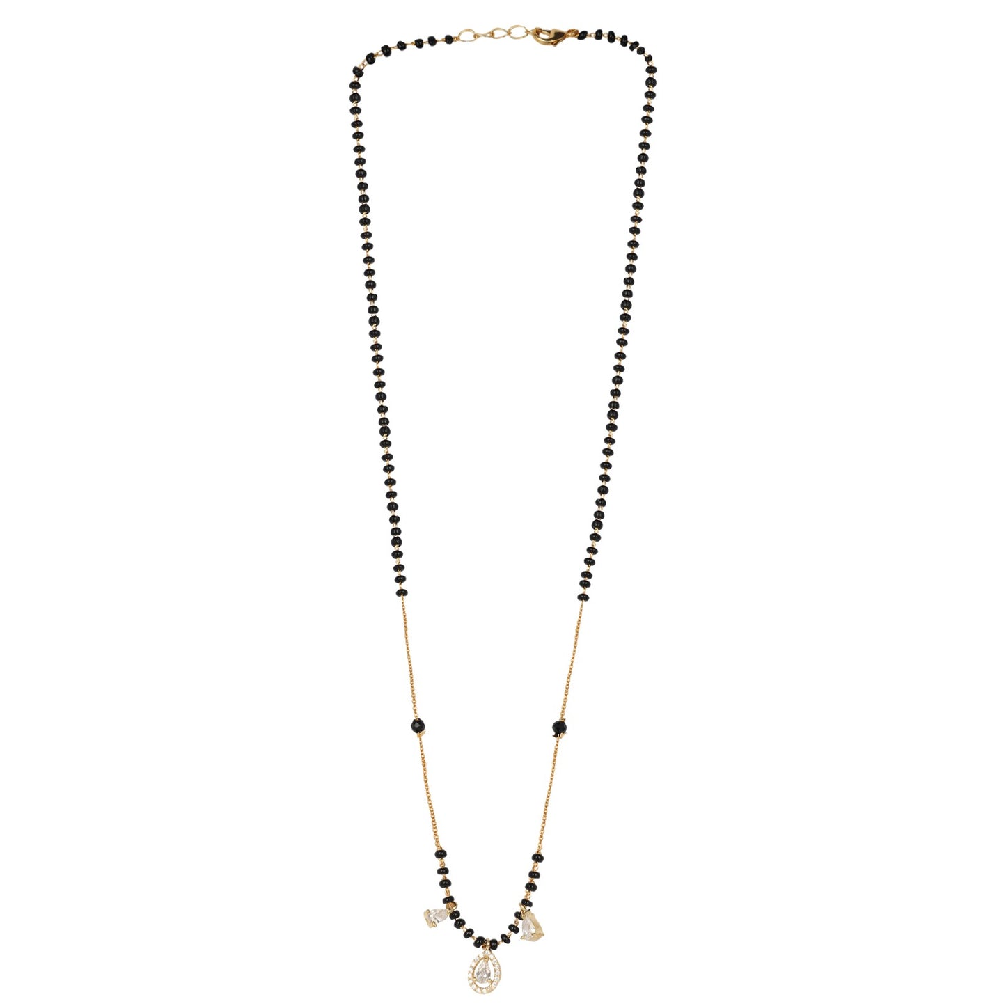 Graceful Black Bead Gold-Plated Teardrop Mangalsutra Necklace with Sparkling Crystal Pendant