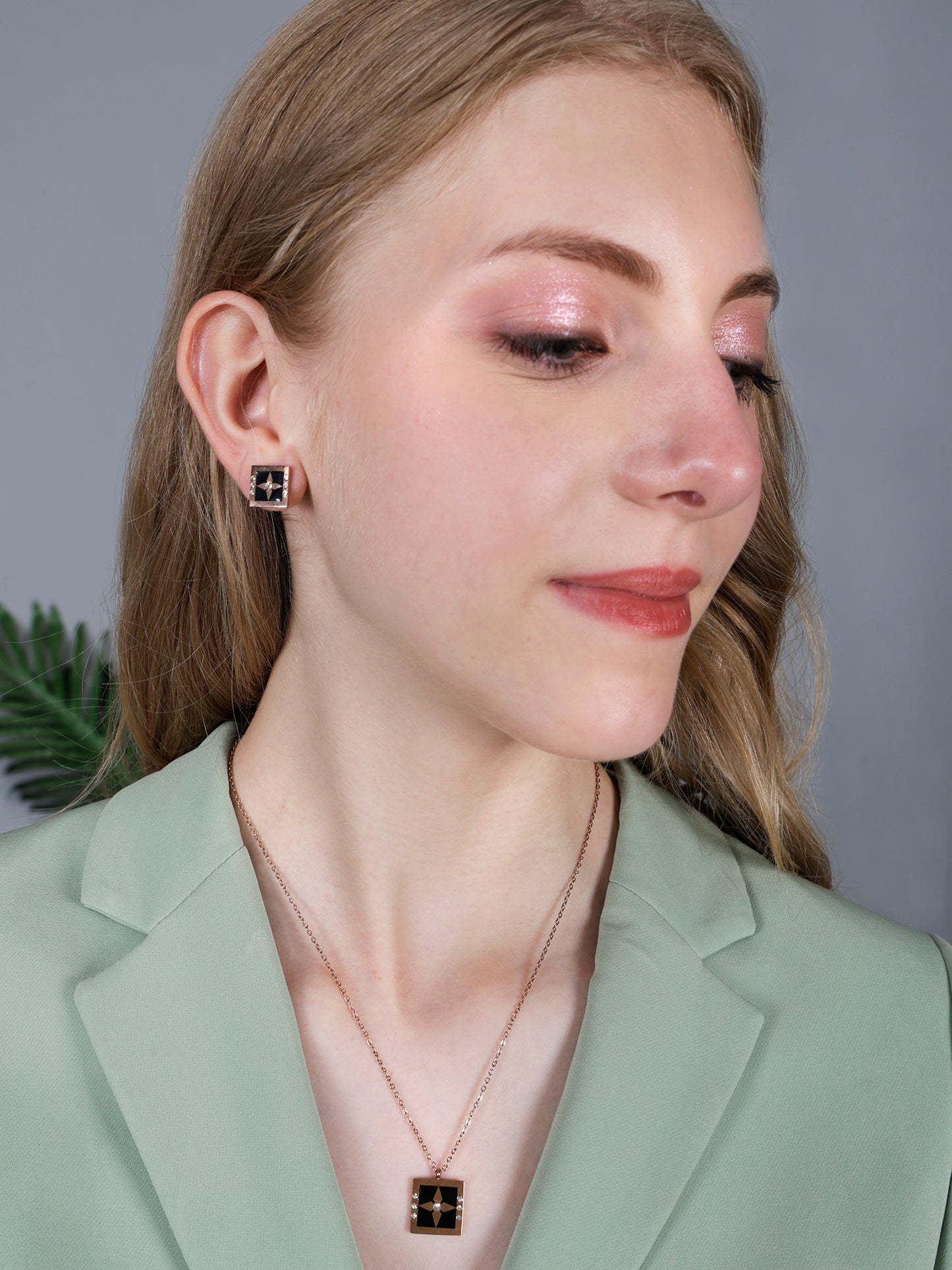 Rose Gold-Plated Square Pendant & Earrings Jewellery Set with Crystal Detailing