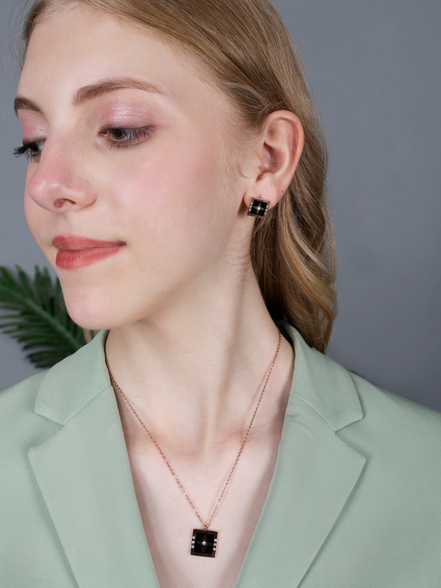 Rose Gold-Plated Square Pendant & Earrings Jewellery Set with Crystal Detailing