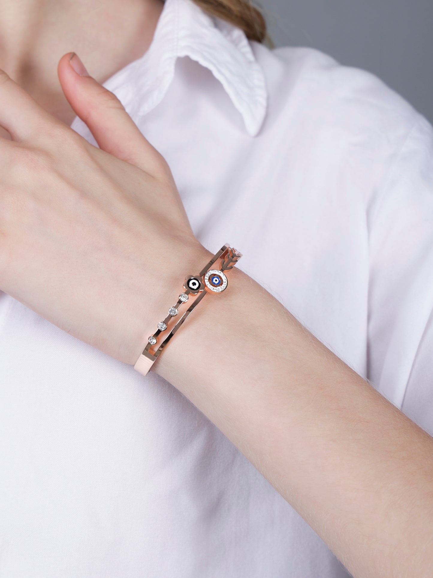Rose Gold Evil Eye Bracelet with Crystal Accents – Free Size