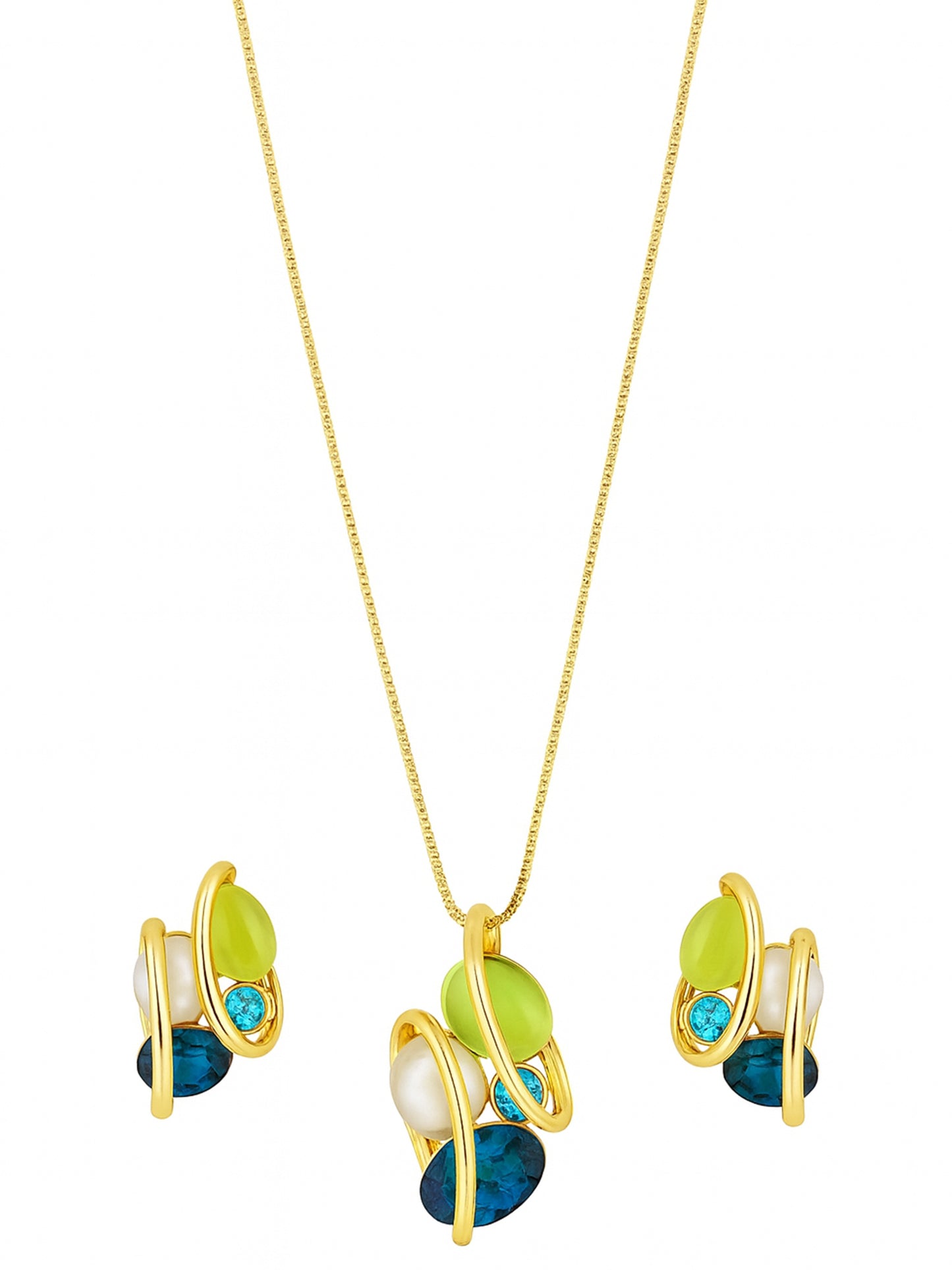 Gold-Plated Crystal Stone-Studded Pendant & Earrings Jewellery Set