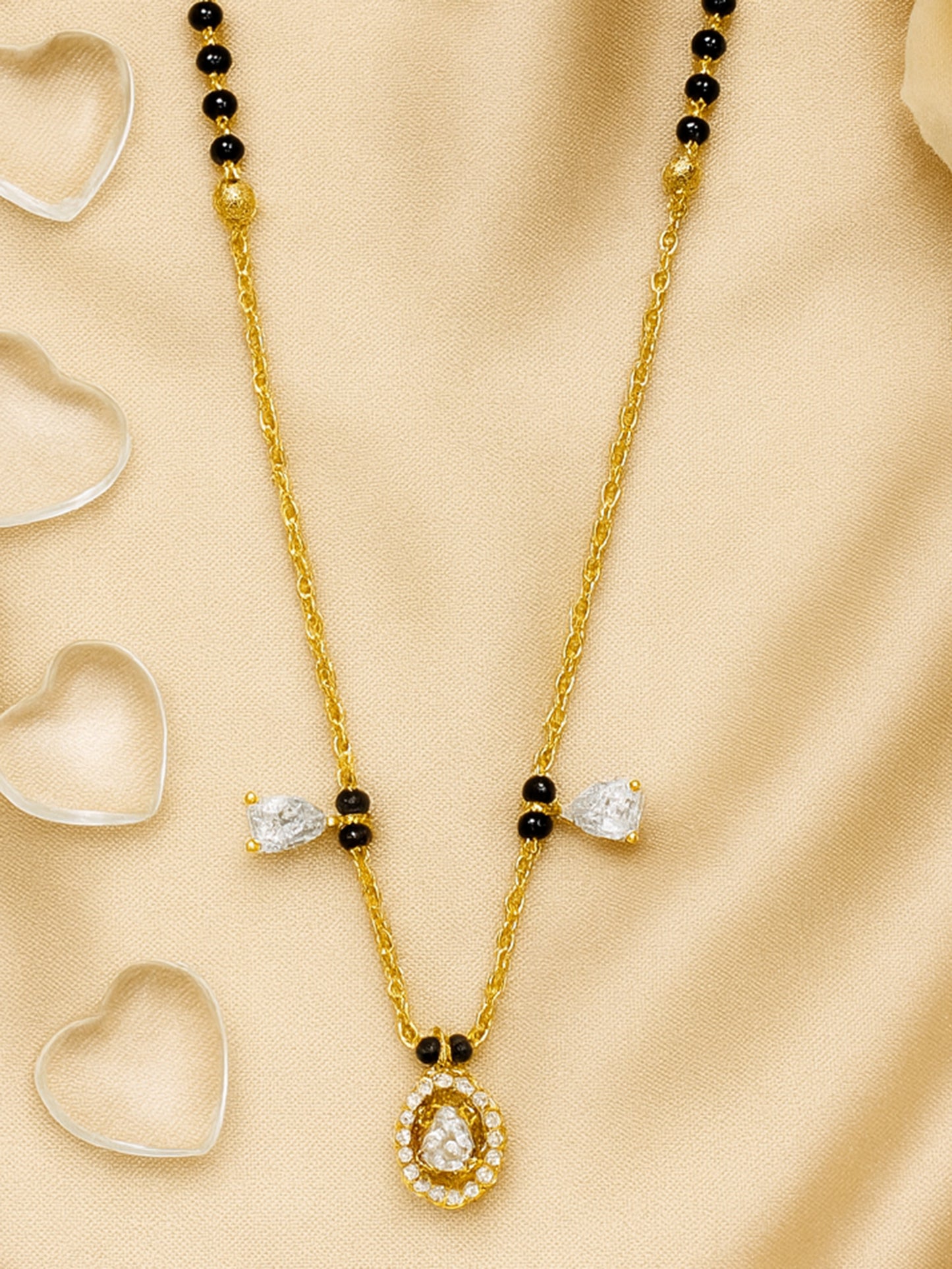 Elegant Black Bead Gold-Plated Mangalsutra Necklace with Oval Crystal Pendant