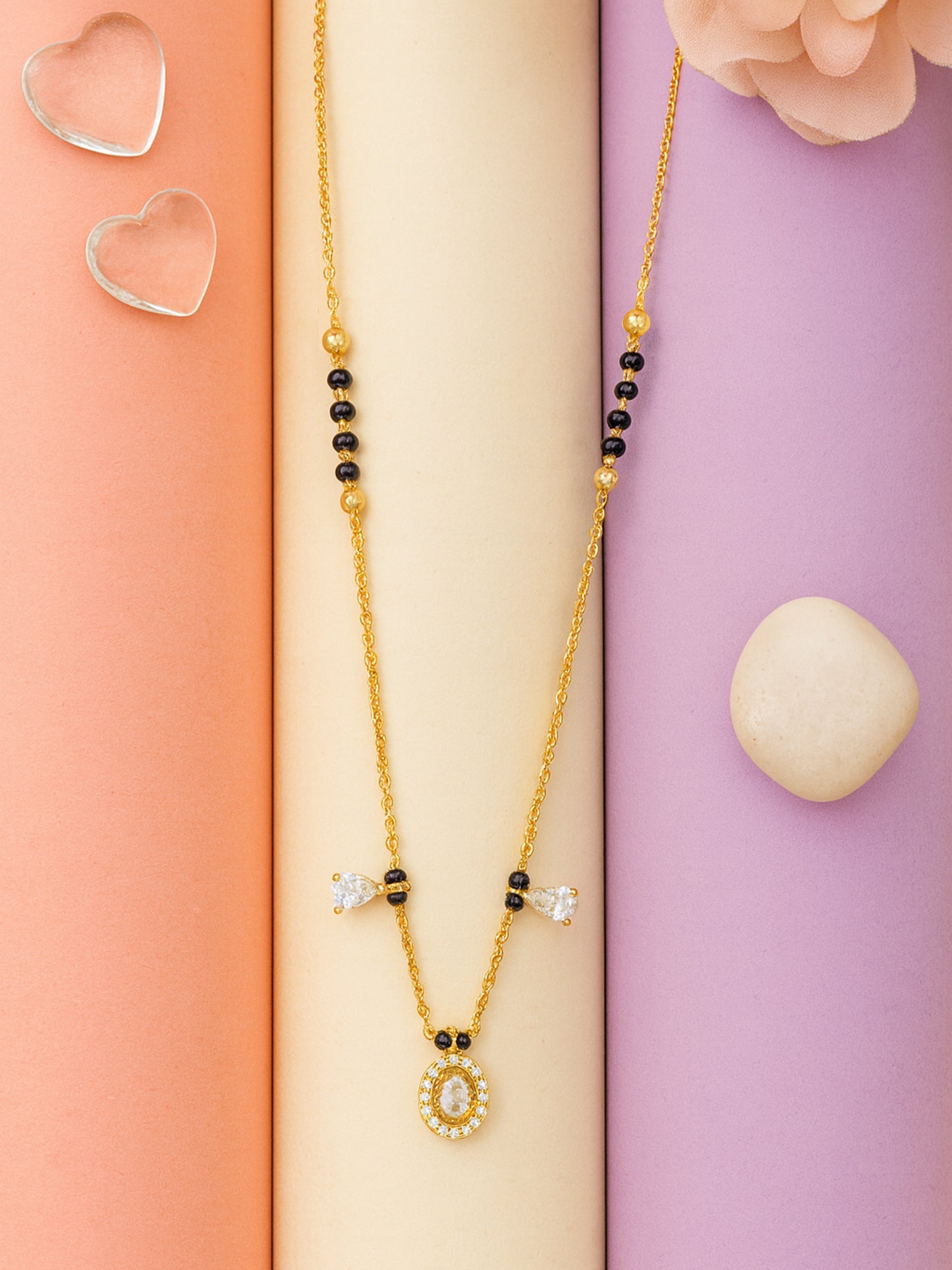 Elegant Black Bead Gold-Plated Mangalsutra Necklace with Oval Crystal Pendant