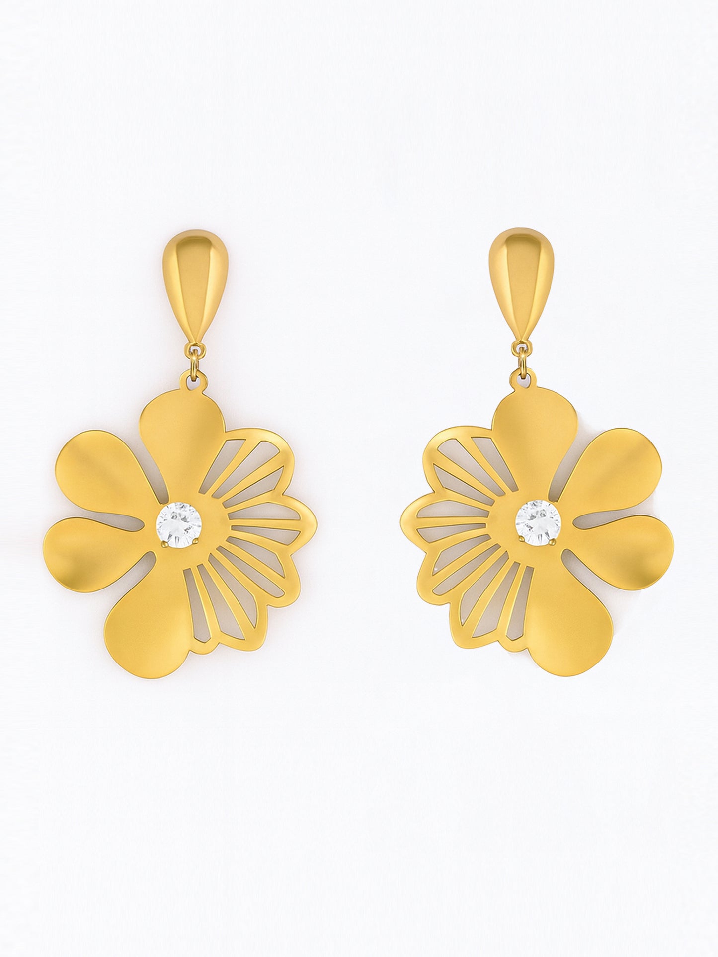 Luxury Gold Floral Drop Earrings with Crystal Shine – Elegant Statement Jewelry