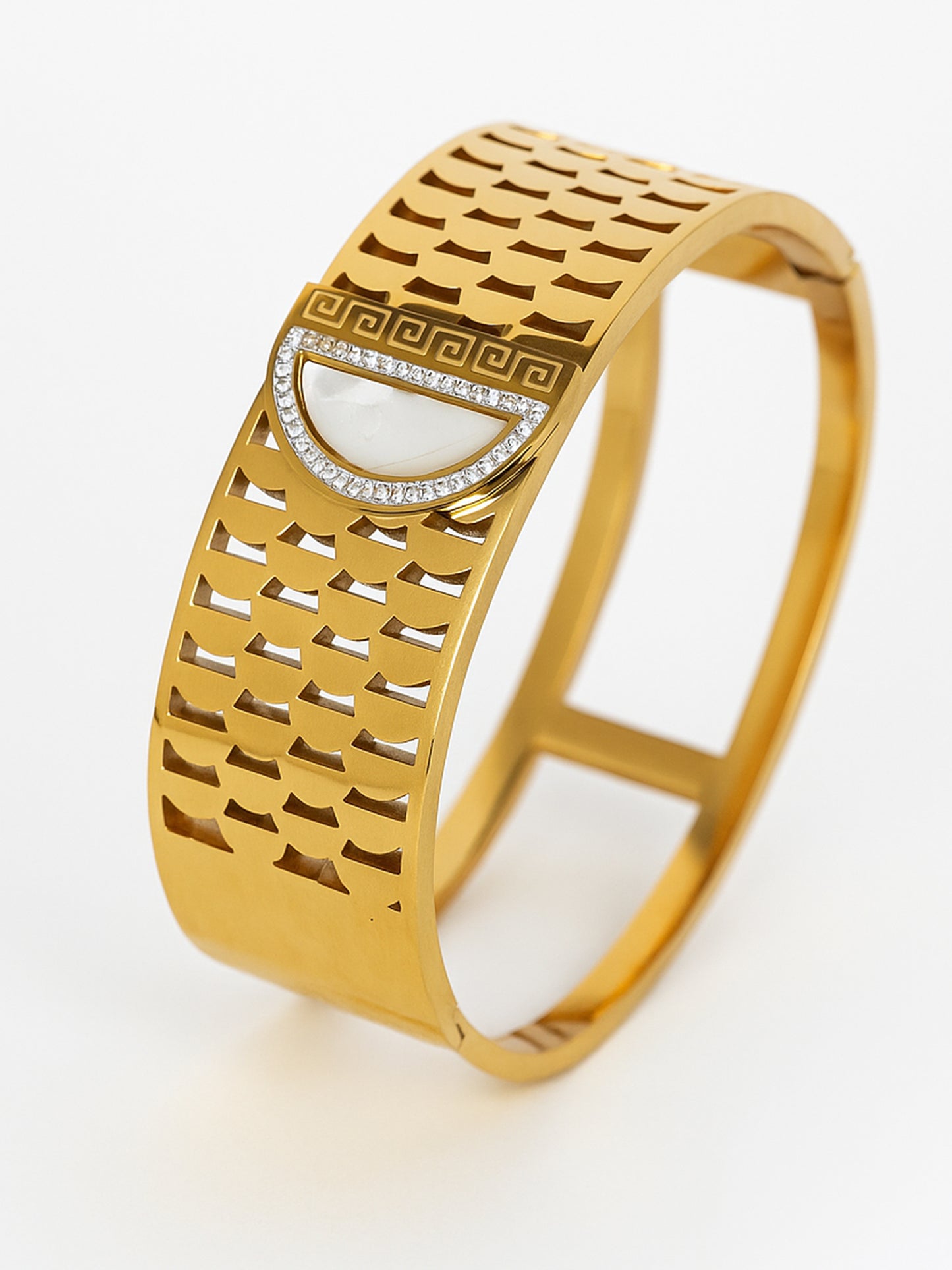 Luxury Gold Cut-Out Bangle with Half-Moon Stone – Free Size