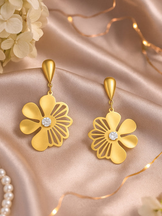 Luxury Gold Floral Drop Earrings with Crystal Shine – Elegant Statement Jewelry