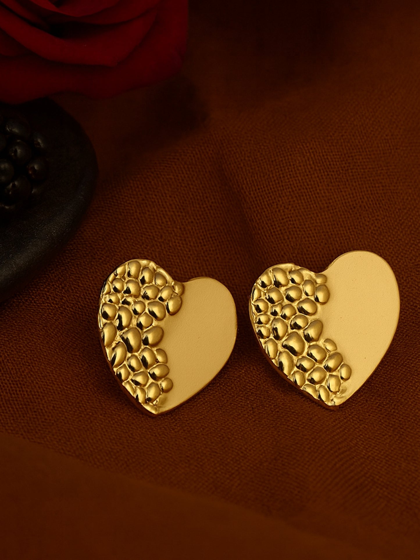 Two-Tone Gold Heart Stud Earrings – Smooth & Textured Design