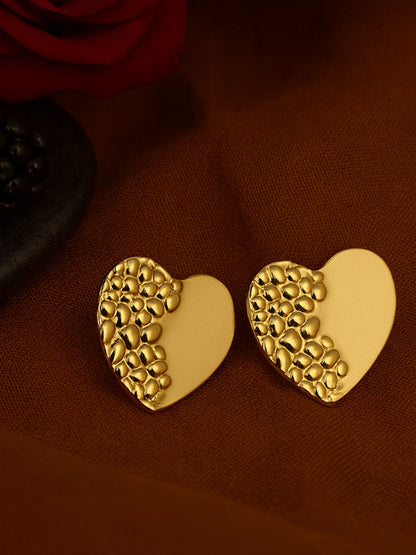 Two-Tone Gold Heart Stud Earrings – Smooth & Textured Design