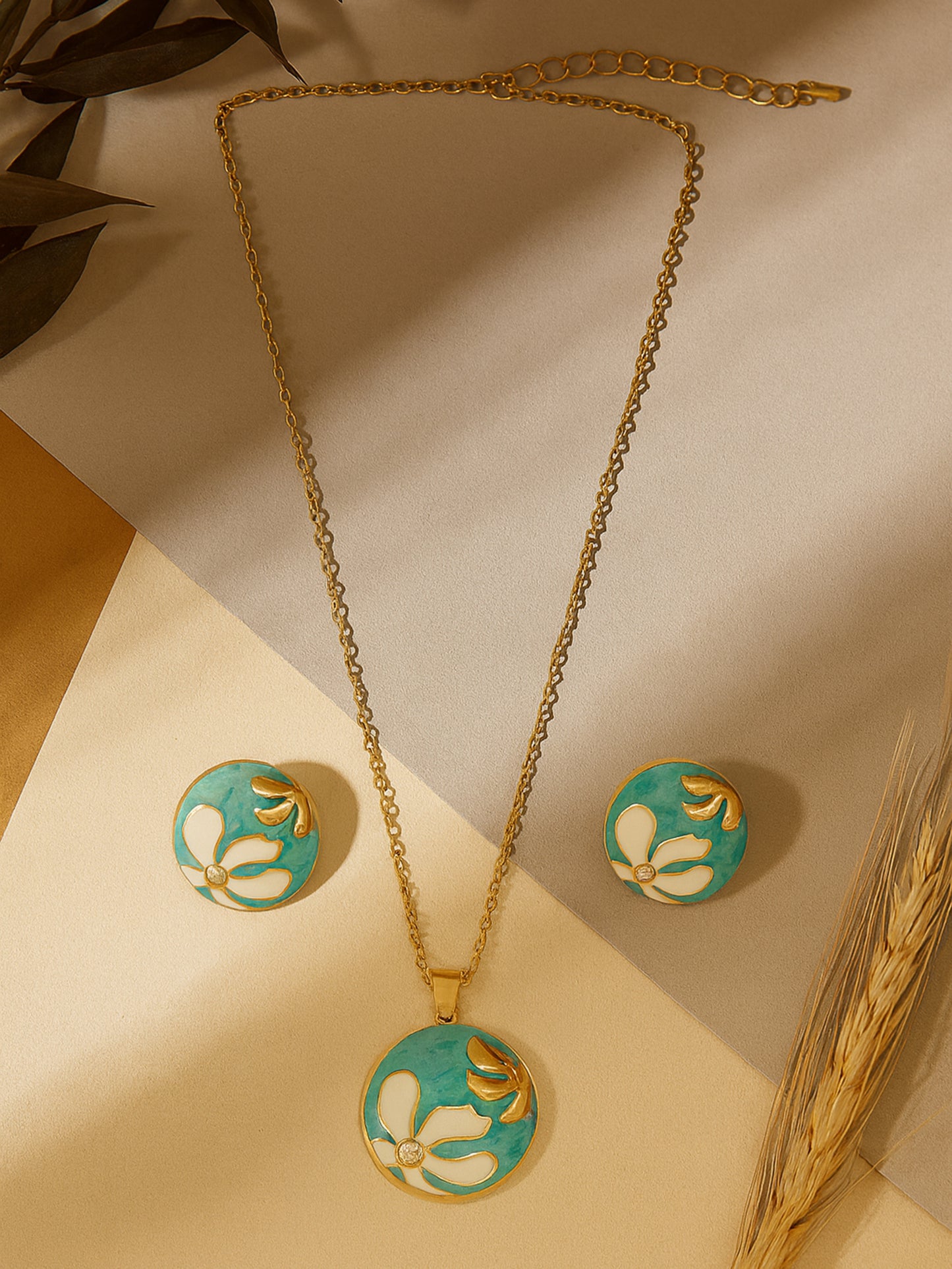 Gold-Plated Turquoise Floral Pendant & Earrings Jewellery Set