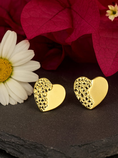 Two-Tone Gold Heart Stud Earrings – Smooth & Textured Design