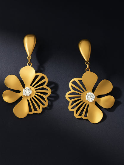 Luxury Gold Floral Drop Earrings with Crystal Shine – Elegant Statement Jewelry