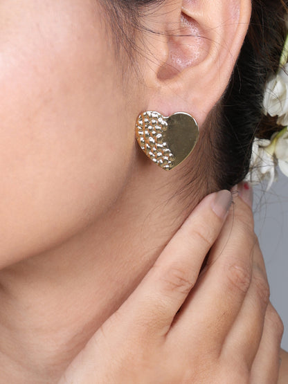 Two-Tone Gold Heart Stud Earrings – Smooth & Textured Design