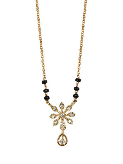 Delicate Black Bead Gold-Plated Mangalsutra with Floral Crystal Pendant