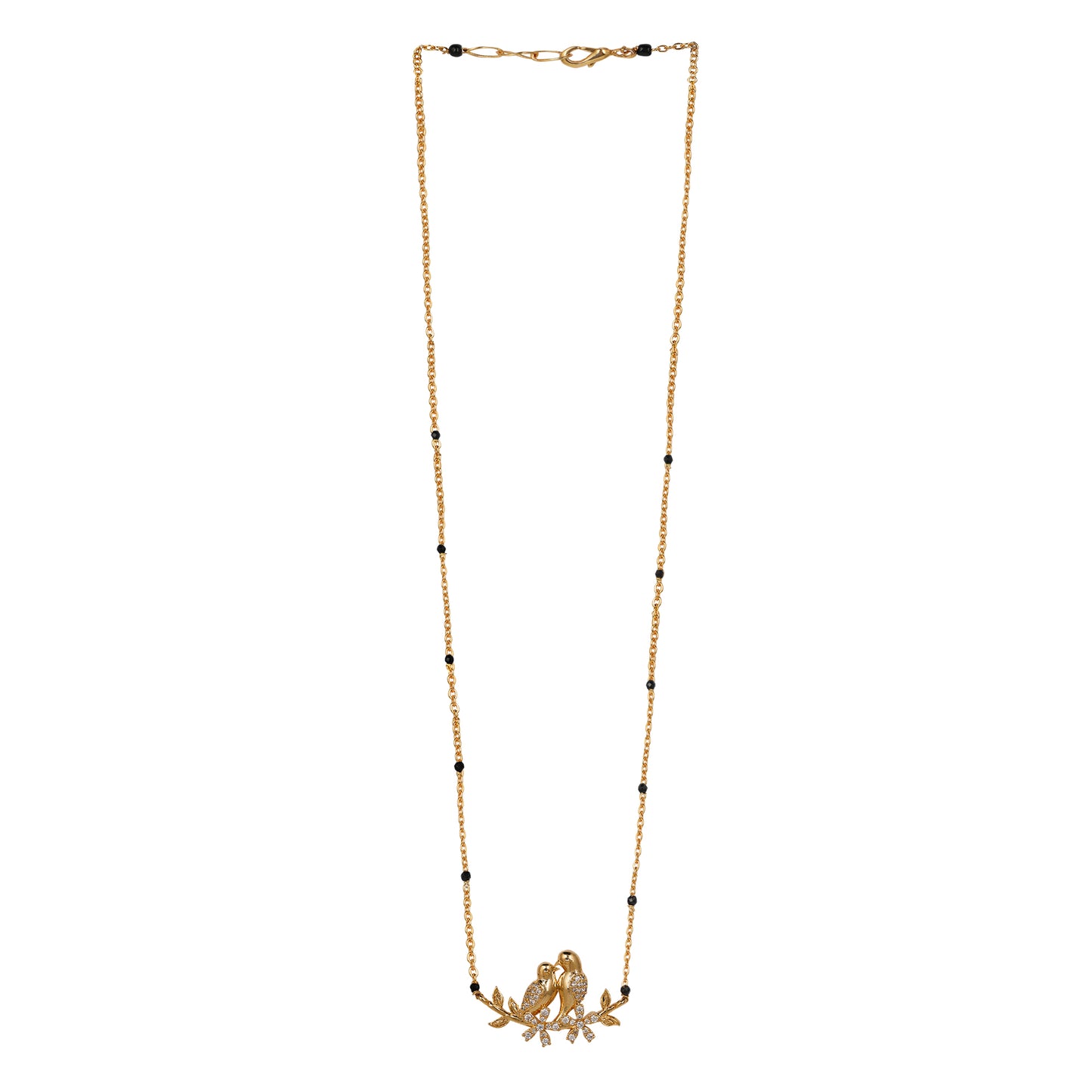 Romantic Lovebirds Gold-Plated Black Bead Mangalsutra with Crystal Accents