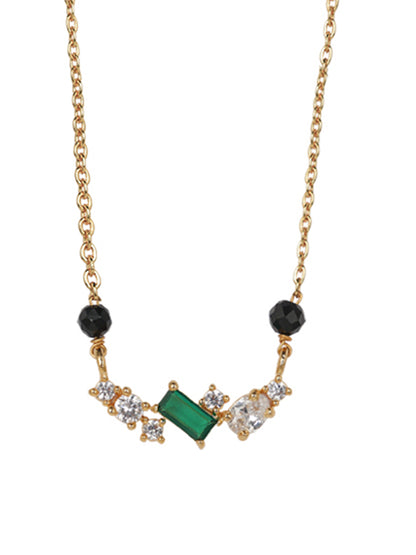 Minimal Black Bead Gold-Plated Mangalsutra with Green Stone & Crystal Accents