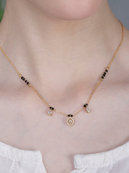 Elegant Black Bead Gold-Plated Mangalsutra Necklace with Oval Crystal Pendant