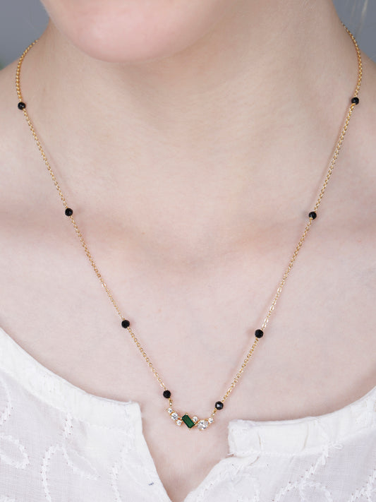 Minimal Black Bead Gold-Plated Mangalsutra with Green Stone & Crystal Accents