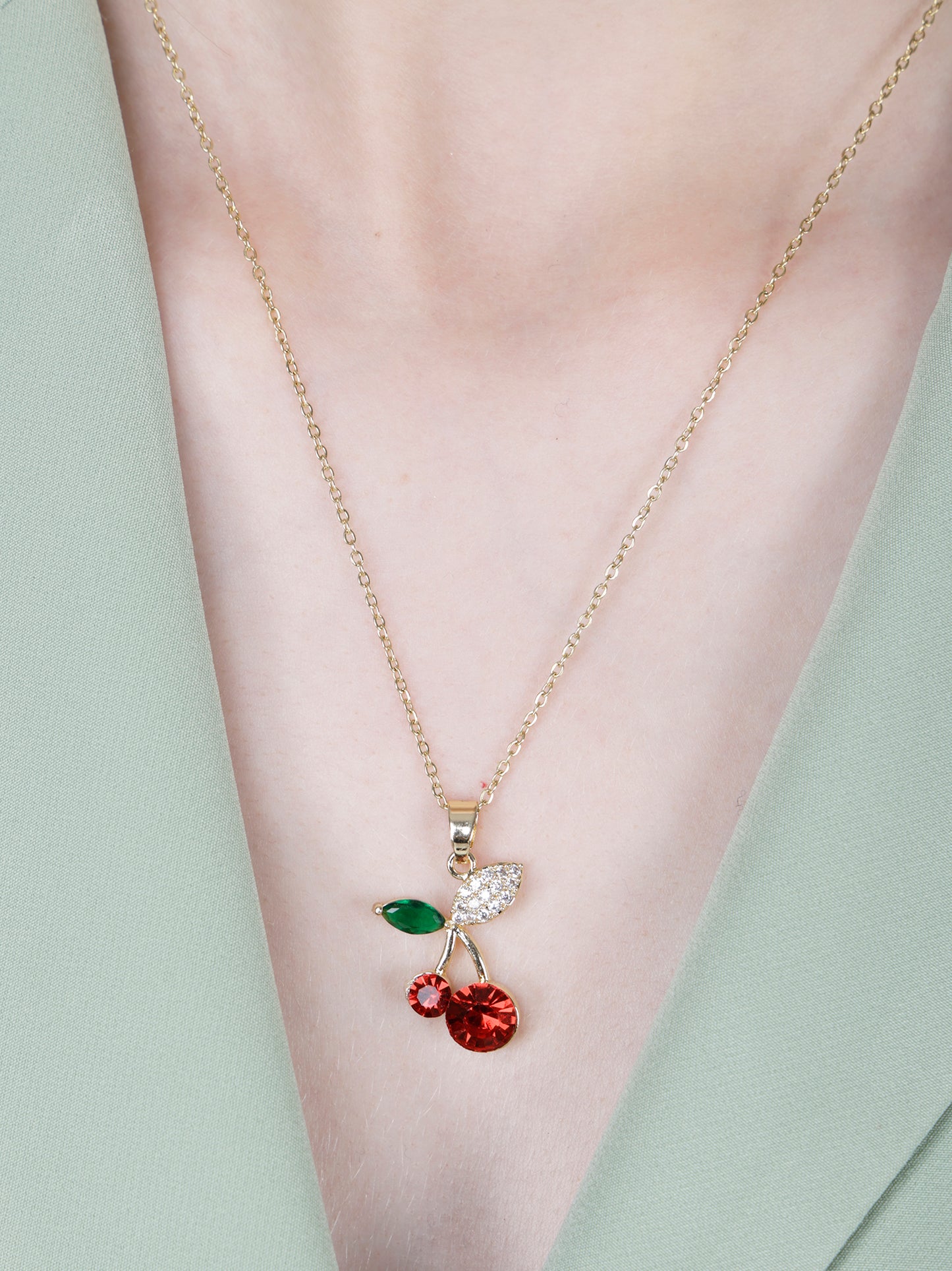 Elegant Cherry Pendant Necklace – Gold Plated with Crystal Accents