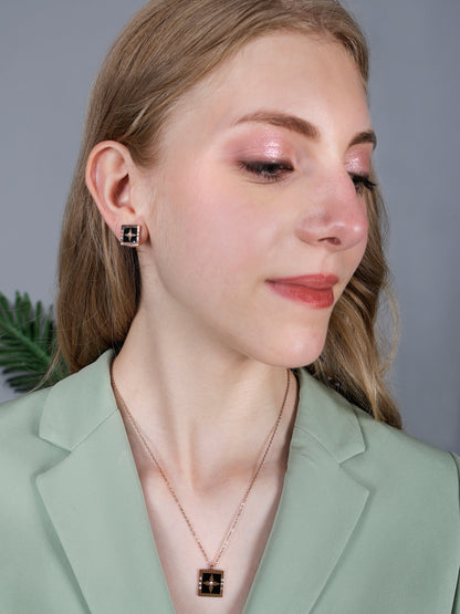 Rose Gold-Plated Square Pendant & Earrings Jewellery Set with Crystal Detailing