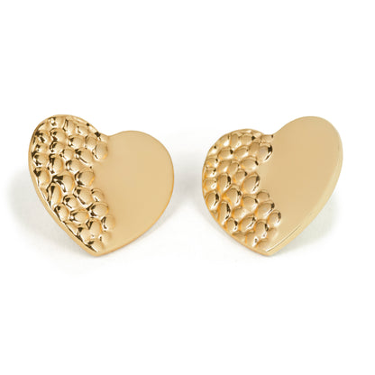 Two-Tone Gold Heart Stud Earrings – Smooth & Textured Design