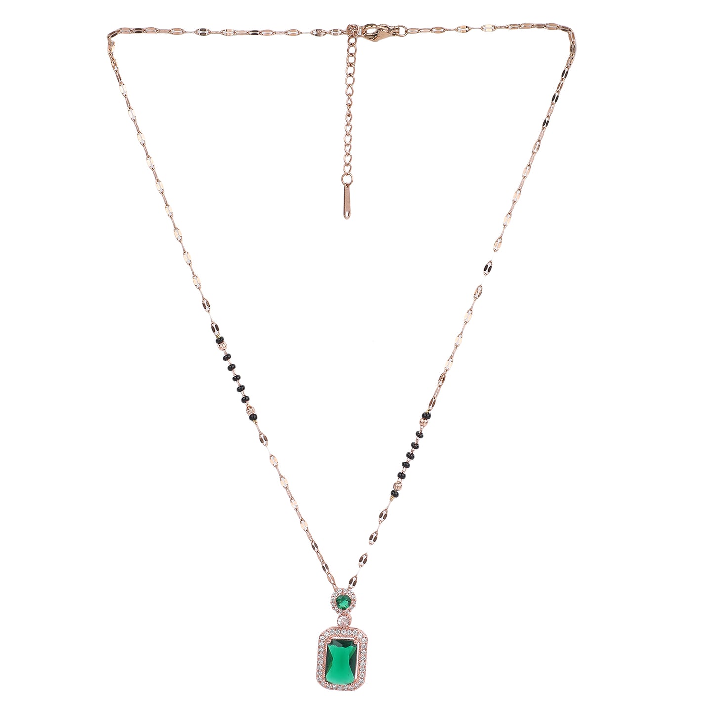 Artificial mangalsutra with gold-toned chain and green stone pendant on a white background