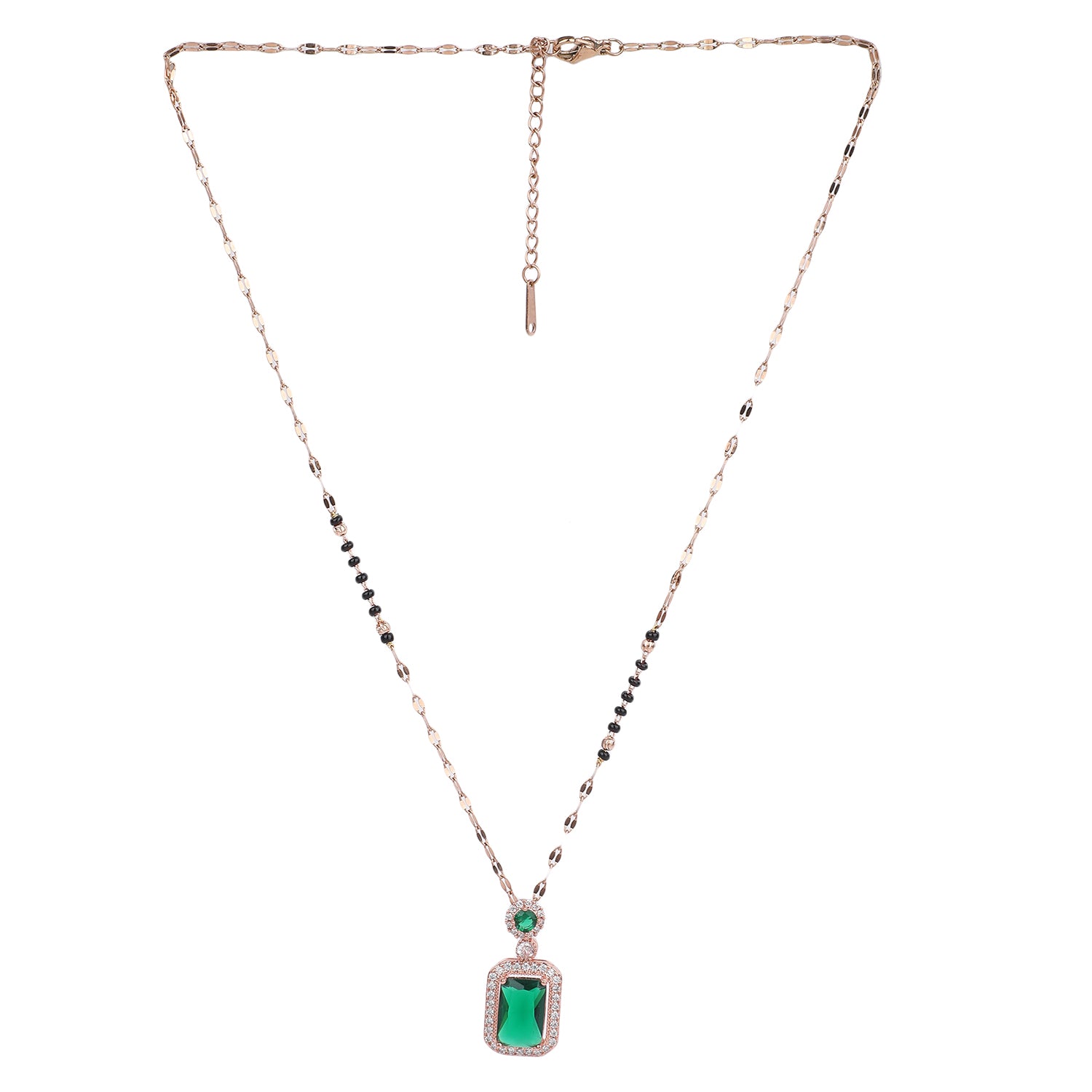 Artificial mangalsutra with gold-toned chain and green stone pendant on a white background