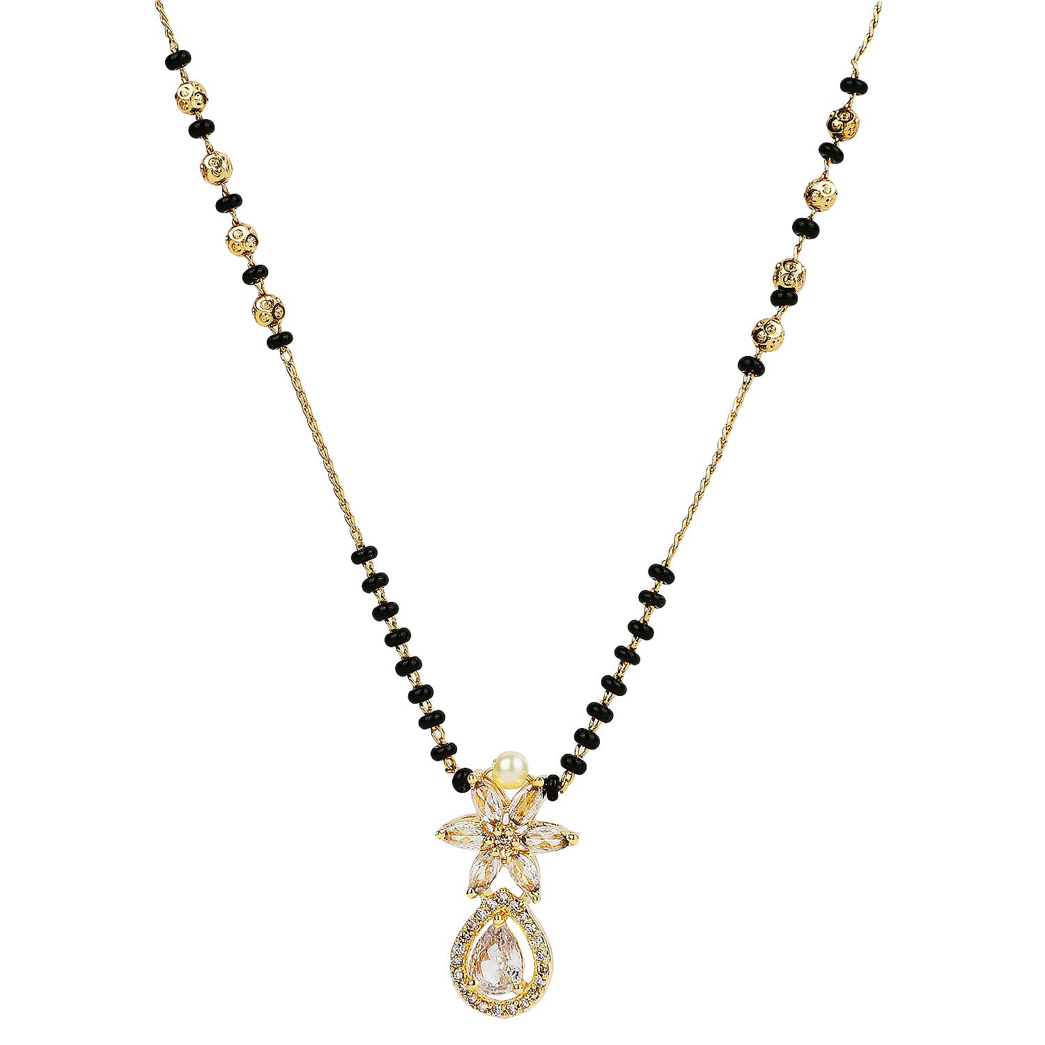 Artificial mangalsutra with black beads and gold-toned CZ pendant