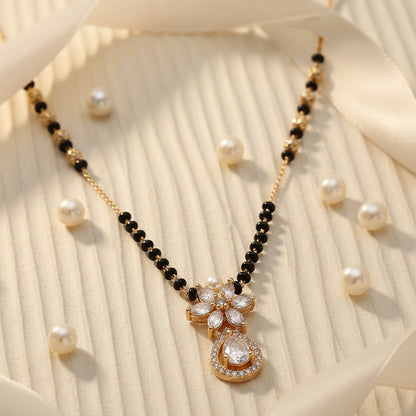 black beads mangalsutra with floral crystal pendant
