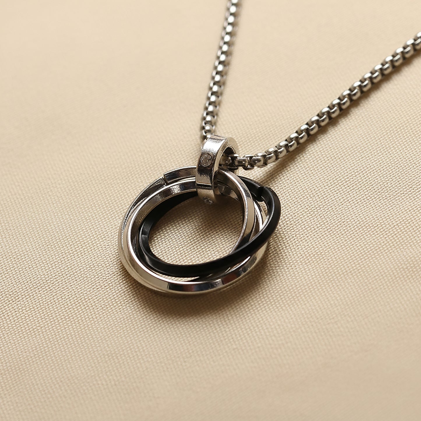 Silver chain necklace for guys with black and silver ring pendant