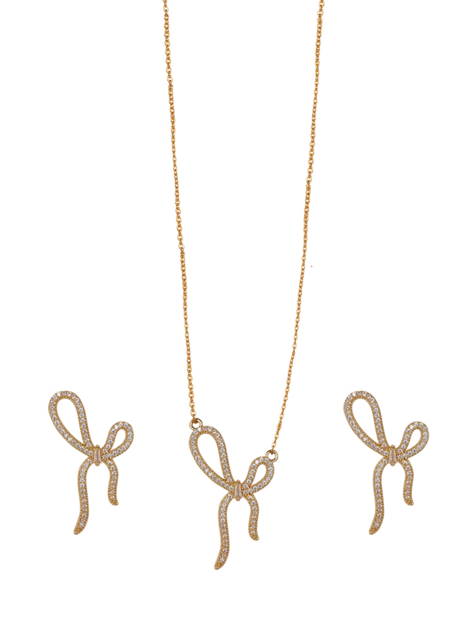 Matching gold necklace and earring set featuring a delicate bow-knot design studded with sparkling crystals