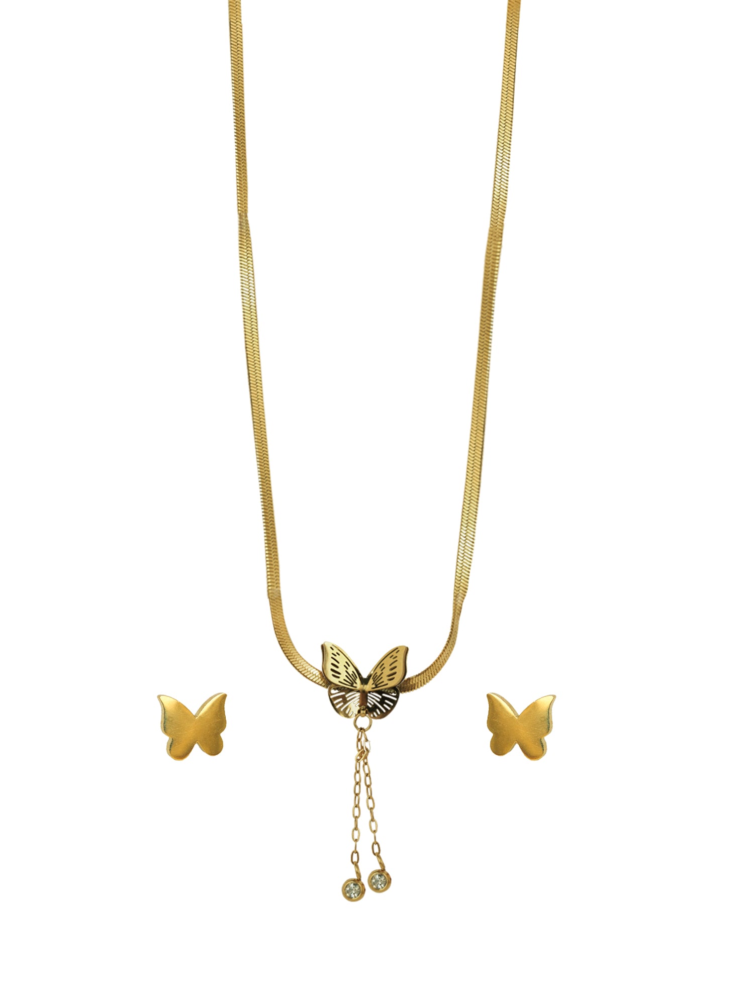 Detailed butterfly necklace pendant designs gold on a snake chain with matching stud earrings