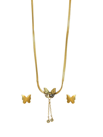 Detailed butterfly necklace pendant designs gold on a snake chain with matching stud earrings