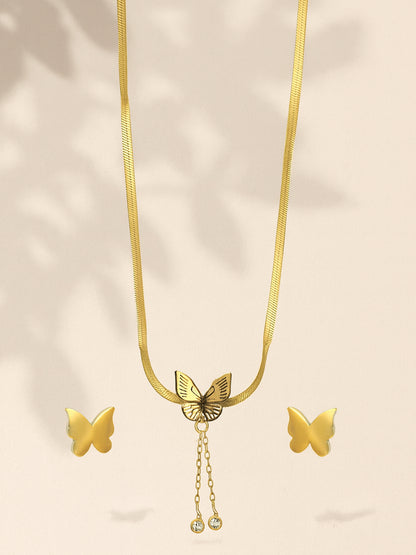 Gold snake chain necklace for women with a butterfly pendant and matching stud earrings