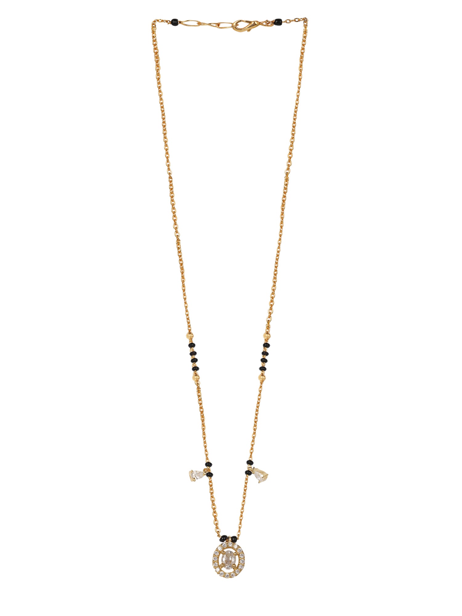 Minimalist short mangalsutra design in gold finish, detailed with black beads and a brilliant cubic zirconia centerpiece