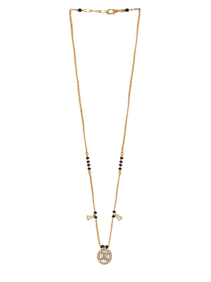 Minimalist short mangalsutra design in gold finish, detailed with black beads and a brilliant cubic zirconia centerpiece