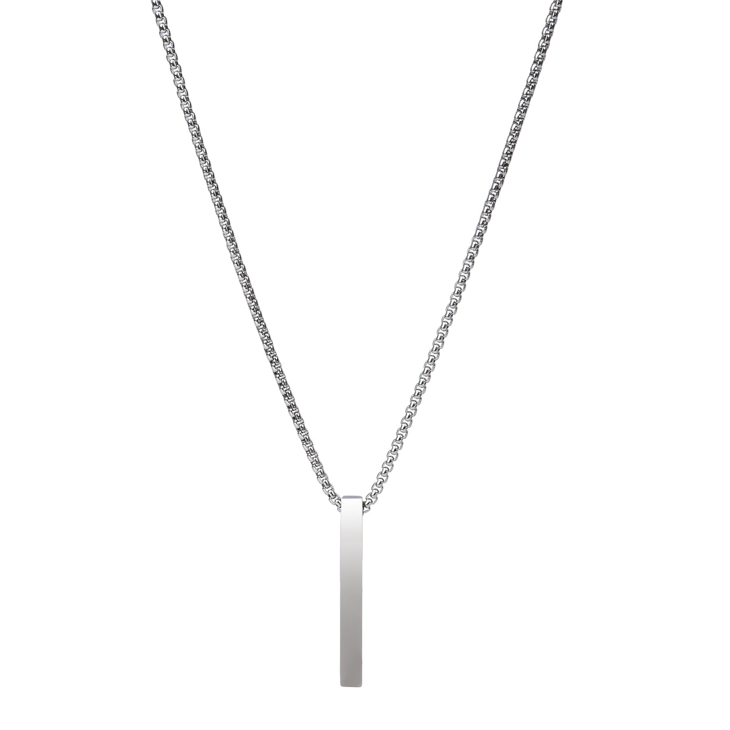 Simple sterling silver chain necklace with vertical bar pendant.
