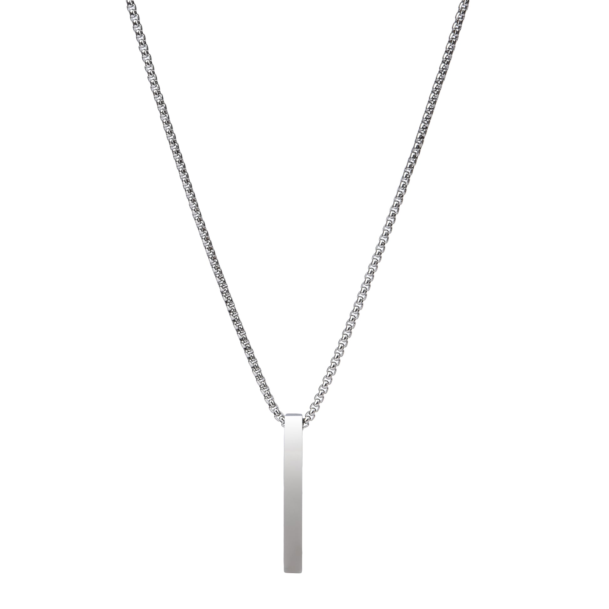 Simple sterling silver chain necklace with vertical bar pendant.