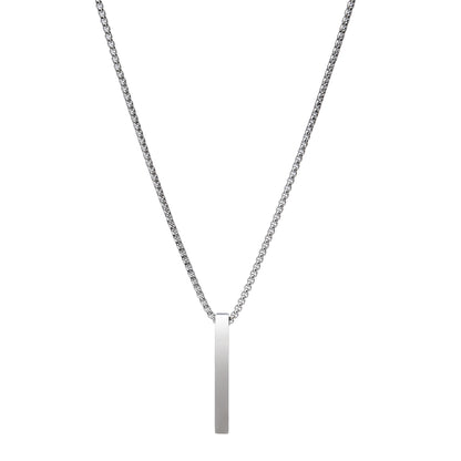 Simple sterling silver chain necklace with vertical bar pendant.