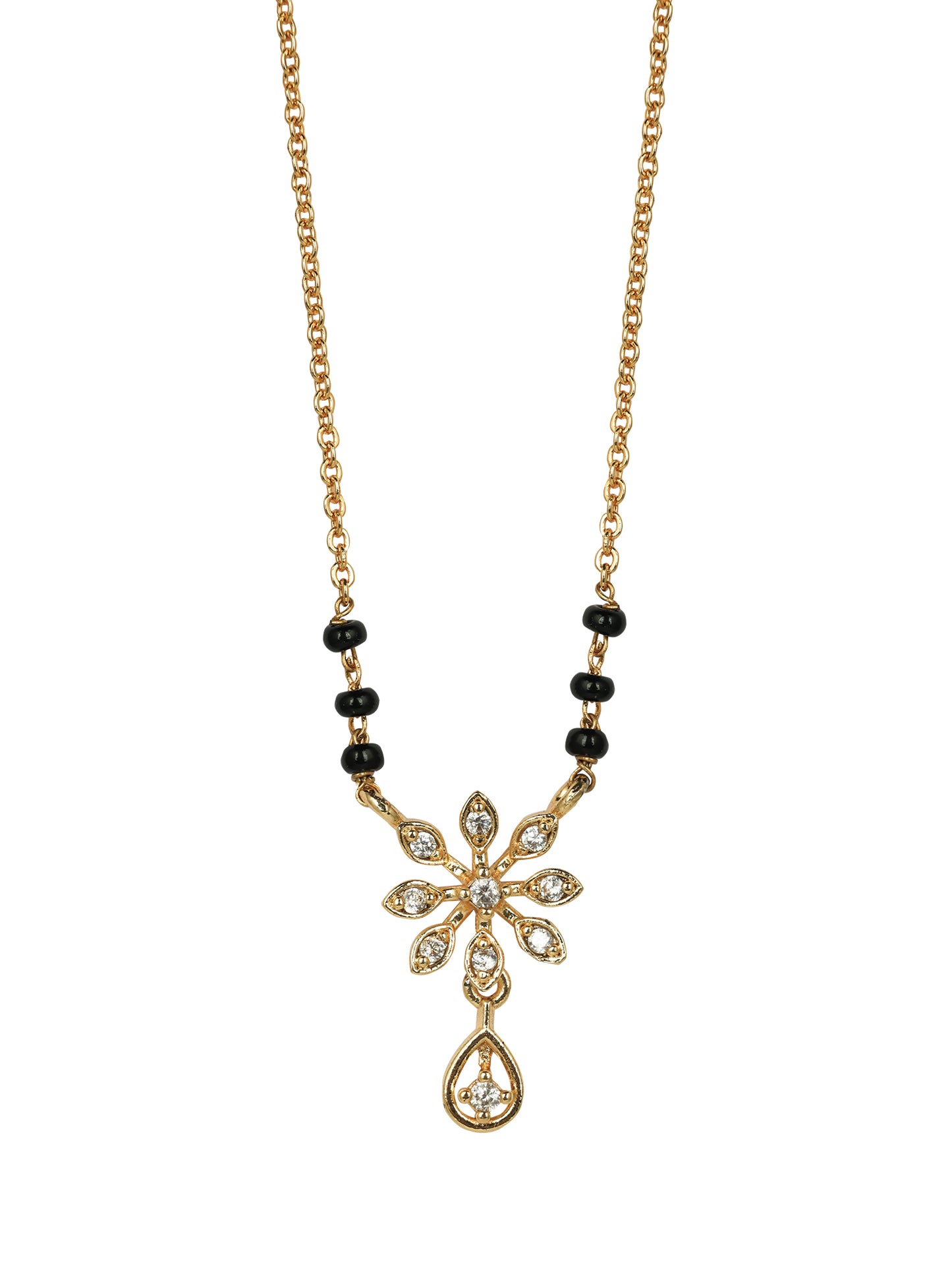 modern mangalsutra design featuring a sleek chain and a floral motif centerpiece on a white background