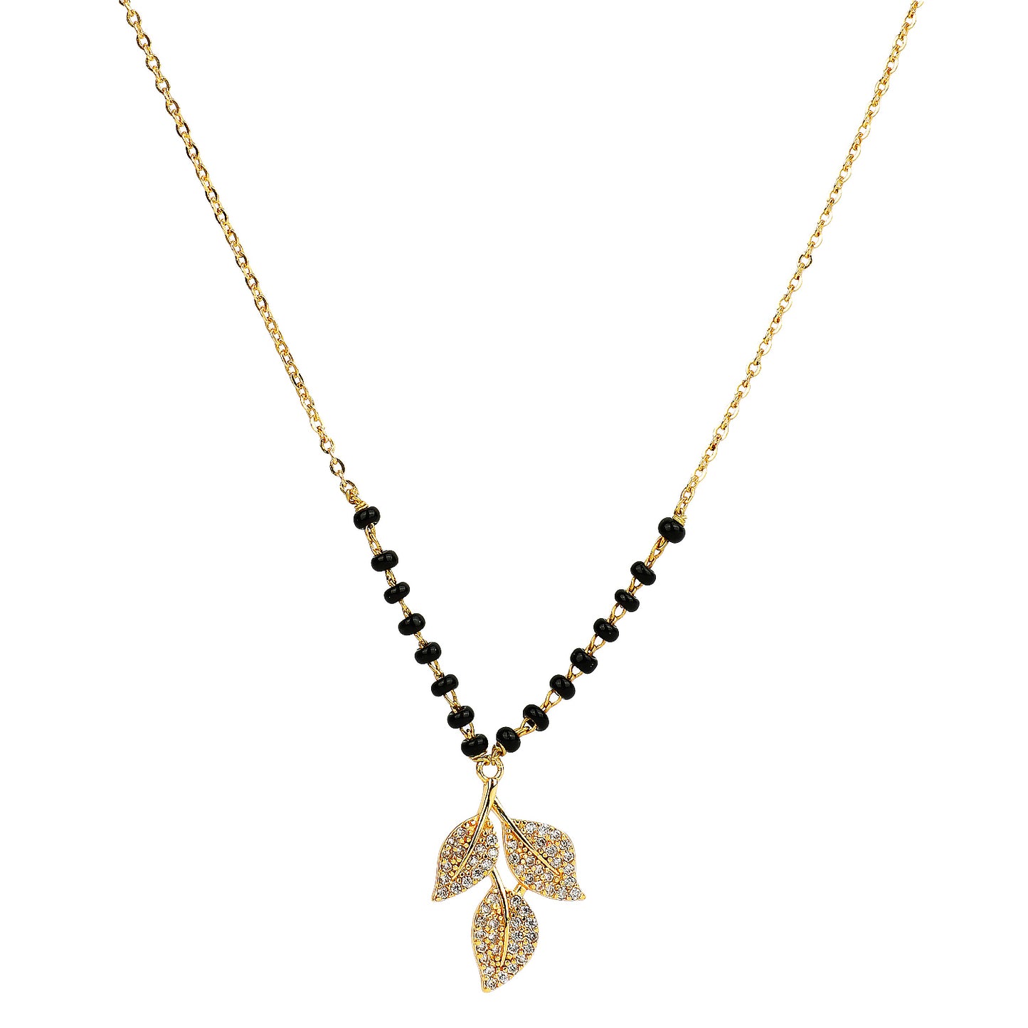 Fancy short mangalsutra design with black beads and crystal leaf pendant on a delicate gold chain
