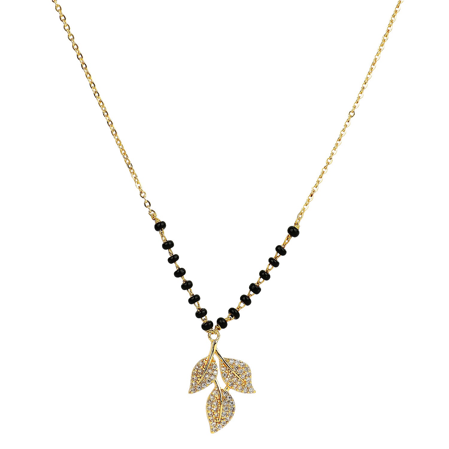 Fancy short mangalsutra design with black beads and crystal leaf pendant on a delicate gold chain